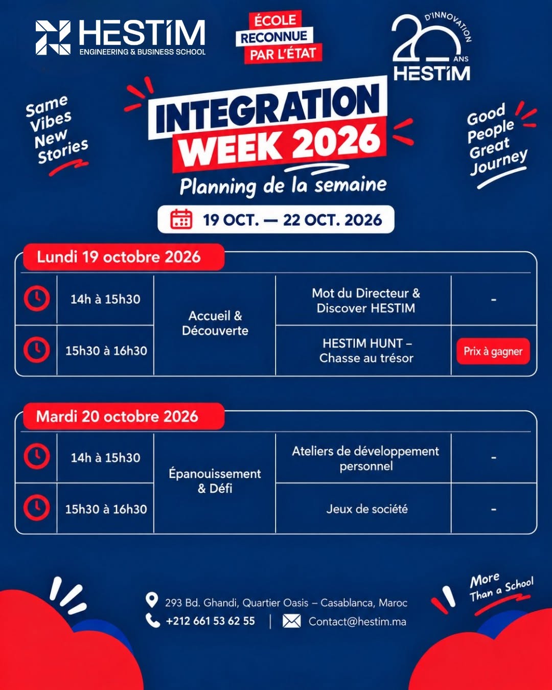 Programme complet de la semaine d'intégration HESTIM 2026